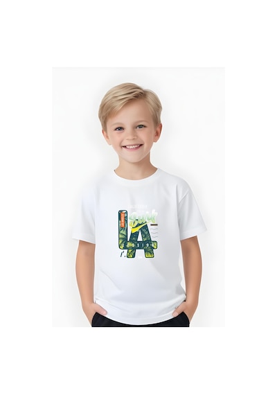 Fyk Kids Erkek Çocuk Yuvarlak Yaka La Surf Erkek Baskılı T-shirt Beyaz