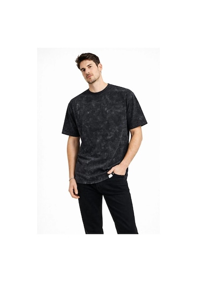 Erkek Asit Yıkama Bisiklet Yaka Kısa Kollu Oversize T-shirt Tişört - Siyah Çok Renkli