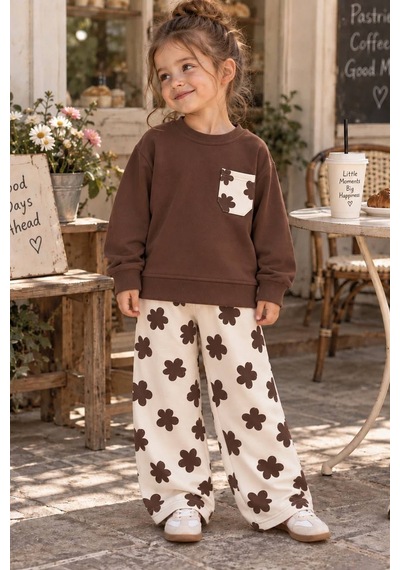 Çiçek Desenl Kız Çocuk Kahverengi Sweatshirt & Eşofman 3ip Alt Üst Takım