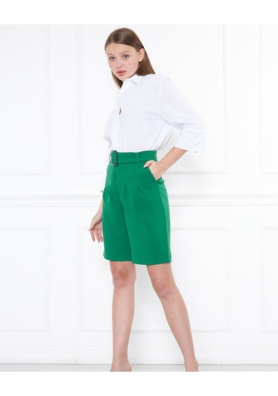 Hgfashion Beli Kemerli Yüksek Bel Benetton Yeşili Şort Benetton Yeşili