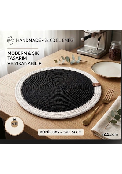El Örmesi Dikişli Tress İp Supla Takımı. Tekli Siyah-beyaz Siyah-bej 34cm Yuvarlak Hasır Amerikan Servis Bej - Siyah