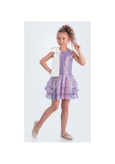 Mnk Baby & Kids Yaka Fiyonk Işıltılı Pul Payet Kumaş Kız Çocuk Abiye Elbise M00702 Lila