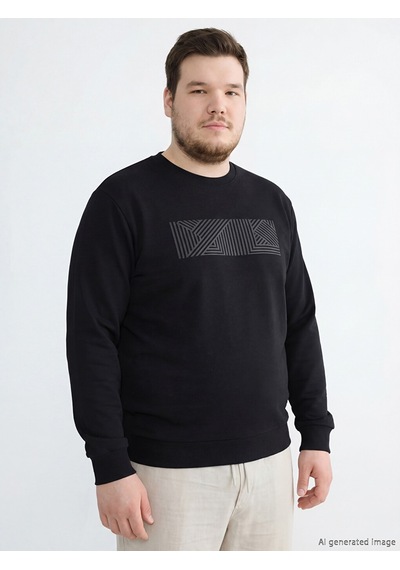 Lcwaıkıkı Classic Siyah Bisiklet Yaka Baskılı Erkek Sweatshirt