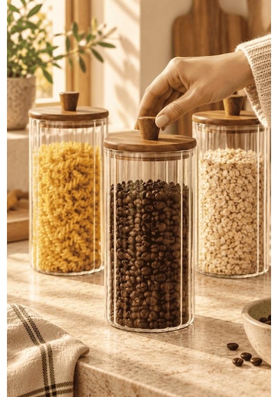 Atbyhome 3'lü Akasya Ahşap Kapaklı Çizgili Cam Kavanoz 1160 Ml - Vakumlu Erzak Ve Bakliyat Kabı Ahşap - Şeffaf