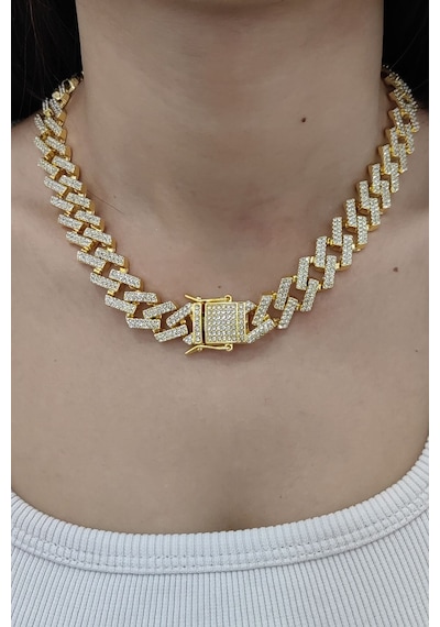 Chavin 15 Mm. Gold Kalın 45 Cm. Taşlı Alloy Kadın Zincir Eu79sr Altın