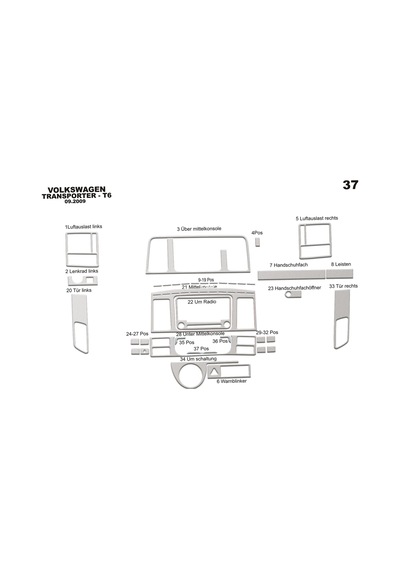 Volkswagen Transporter T6 Torpido Kaplama 2009-2014 37 Parça Alüminyum