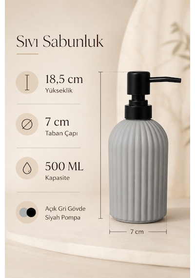 Vovy Çizgili Cam Sabunluk 500 Ml Siyah Pompalı Modern Sıvı Sabun Ve Deterjan Dispenseri - 18,5 Cm X 7 Cm Açık Gri