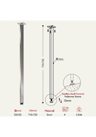 Gürçayhırdavat Masa Ayağı 11.125 - 25x25Mm (4 Adet)