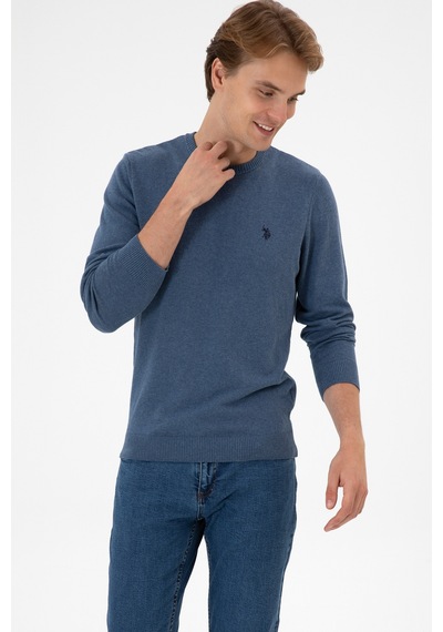 U.S. Polo Assn. Erkek Slim Fit Bisiklet Yaka Koyu Mavi Melanj Basic Kazak 50313713-VR251