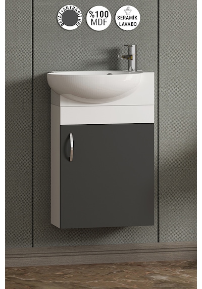 Lale 45 Cm Beyaz-antrasit Gri Mat Mdf Seramik Lavabolu Asma Alt Banyo Dolabı