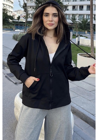 WeShaya Kadın Siyah Kapüşonlu, Fermuarlı, Cepli, Regular Kesim Sweatshirt Siyah