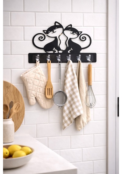 Kedi Figürlü Dekoratif Duvar Askılığı 6 Kancalı Mdf Anahtarlık Ve Askı 39 X 29 Cm Siyah Siyah