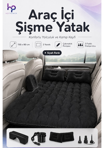 Araç İçi Şişme Araba Yatağı Kamp Seyahat Oto Arka Koltuk Yatağı Siyah