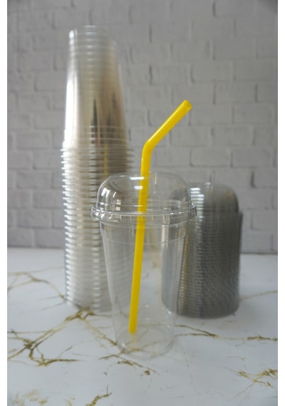 Plastik Milkshake Bardağı + Kapak + Pipet 16 Oz 470 Cc - 5 Adet