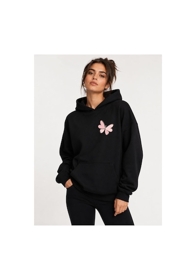 Herkesemoda Kelebek Baskılı Kapüşonlu 2 İplik Şardonlu Sweatshirt Siyah