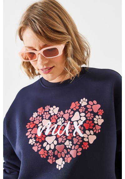 Shade Kadın Üç İplik Şardonlu Yuvarlak Yaka Pati Baskılı Sweatshirt Mbhs005 60601005 - Lacivert