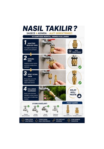 Pirinç Basınç Ayarlı Hortum Sprey Ucu Hızlı Bağlantı Adaptörlü Set Metal Bahçe Sulama Ve Araç Yıkama