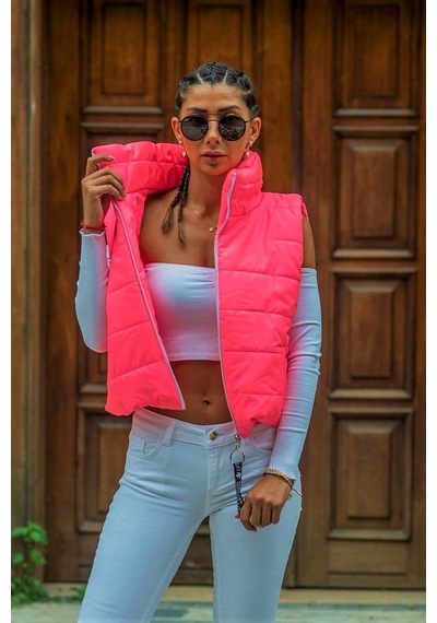 Genel Pembe Dik Yaka Beli Lastikli Cepli Kısa Şişme Yelek