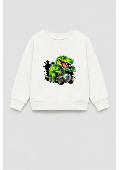 Monila Erkek Çocuk 3 İplik Kumaş Dinozor Baskılı Pamuklu Sweatshirt Ekru