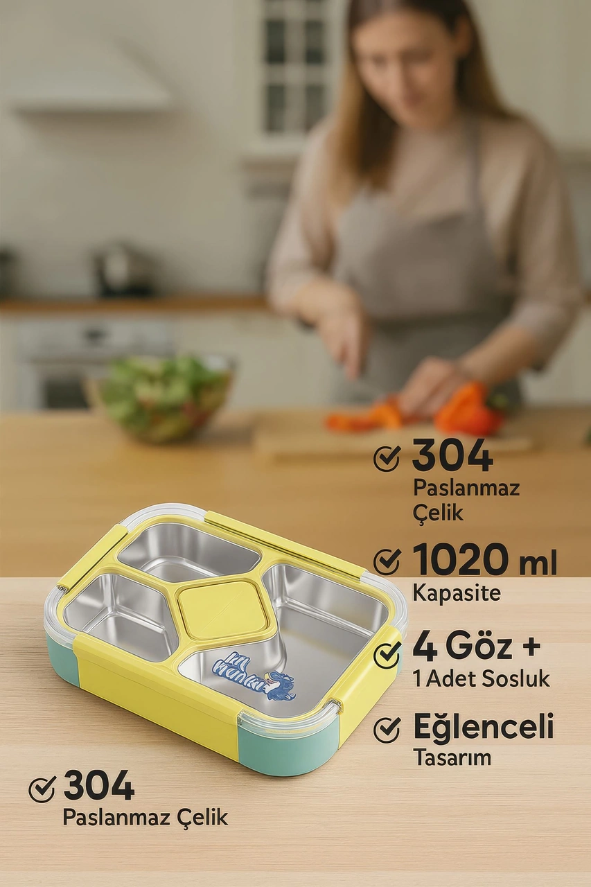 304 Çelik 1020 Ml 4 Bölmeli Öğrenci Ofis Yemek Mama Kabı Sefertası Mt181ysx Yeşil