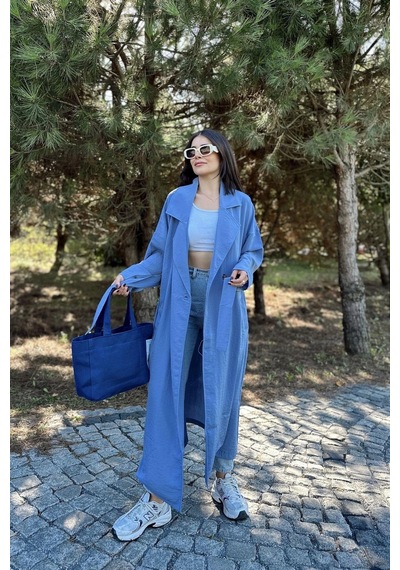Kadın Mavi Kruvaze Yaka, Kemerli, Cepli, Salaş Kesim Uzun Trençkot