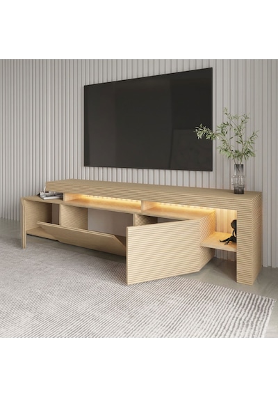 Beliz Modern Led Işıklı 3 Kapaklı, Raflı Tv Sehpası 192 Cm Sıcak Meşe/safir Meşe