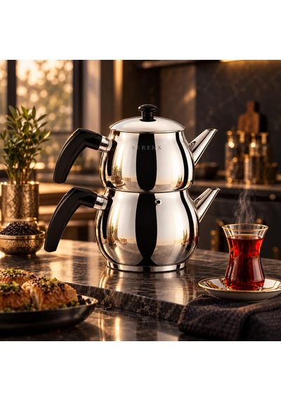 Serenk Excellence Mini Boy Çelik Çaydanlık 0,75 L Demlik, 1,5 L Suluk Gümüş - Siyah