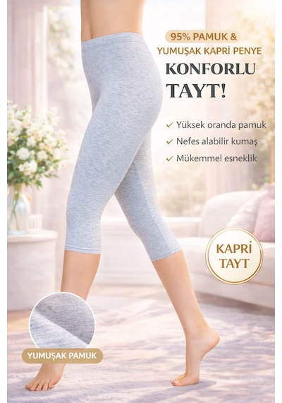 Rahat Kalıp Yüksek Bel Ağlı Kapri Gri Penye Tayt Gri