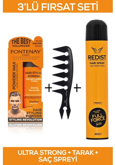 Fontenay Saç Şekillendirici Pudra Toz Wax Ultra Strong Turuncu 20 G + Şekil Tarağı + Redist Saç Sprey 400 ML 3'lü Set