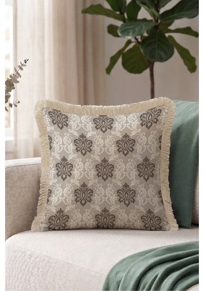 Klasik Damask Tasarımlı Saçaklı Yastık Kılıfı - Avangart Osmanlı Vizon Krem Püsküllü Kırlent Kılıfı Mor