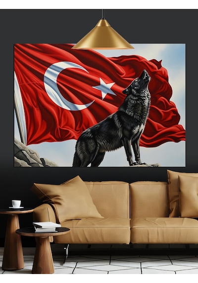 Türk Bayrağı Kurt Figürü Dekoratif Kanvas - Mdf Ahşap Tablo