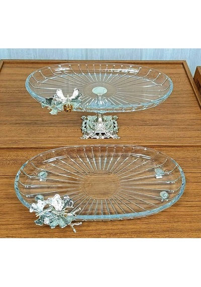 Elta Collection 2 Li Paşabahçe Kristal Metal Ayaklı Gümüş Oval Düz Pasta Sunumluk Kurabiyelik Gümüş Oval Düz