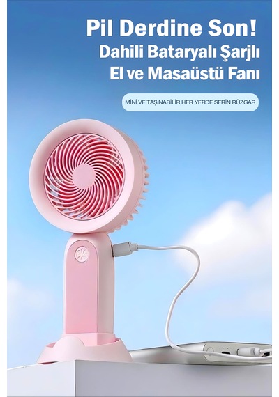 Şarjlı Taşınabilir Mini El Fanı 3 Kademeli Hız Ayarlı Telefon Standlı Vantilatör Pembe