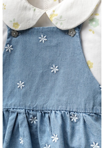 Cassiope Fisto Yakalı Kısa Kollu Bluz Kombinli Çiçek Nakışlı Askılı Denim 2'li Kız Bebek Elbise Mavi