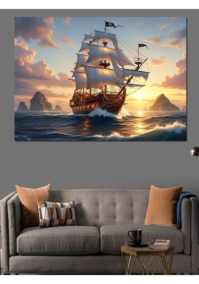 Ahşap Tablo Okyanusta Yelken Açan Büyük Gemi