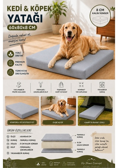 Kedi Köpek Yatağı Süngerli Fermuarlı Yıkanabilir Kılıflı Köpek Minderi 60x80x8 Cm-gri