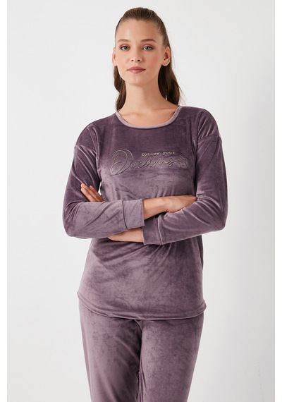Lela Standart Fit Bisiklet Yaka Yumuşak Kadife Bayan Pijama Takımı 6094202 Lila