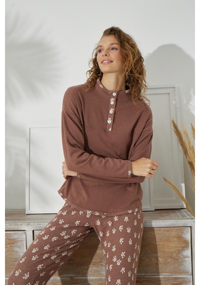 Sevim Kadın Uzun Kol Jakarlı Kalın Kahve Pijama Takımı C1t5n1o94 001