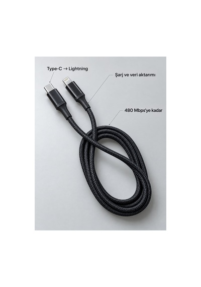 Uzun Ve Dayanıklı Type C Lightning Pd Hızlı Şarj Kablosu Siyah