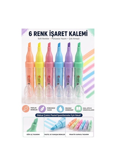 Fosforlu Kalem 6 Renk 1 Paket Fixpoint P-5175 Pastel Renkler 6 Renk İşaret Kalemi 6 Lı Fosforlu Kalem Okul Ofis Solmaz Çok Renkli