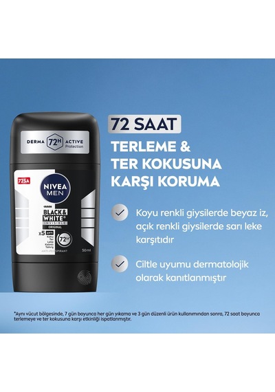 Men Erkek Stick Deodorant Black&white Invisible Original 50ml 72 Saat Anti-perspirant Ter Koruması