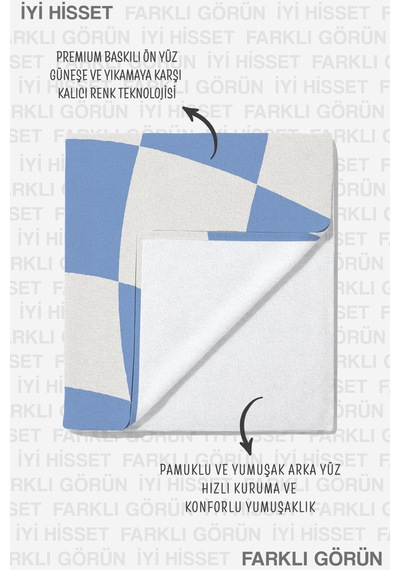 Damalı Mavi Beyaz Modern Plaj Havlusu - Dalgalı Geometrik Minimalist Hızlı Kuruyan Mikrofiber Havlu Ayaz Papatya
