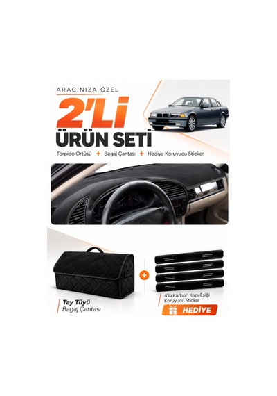 E-biz Bmw E36 1990-2000 Uyumlu Torpido Örtüsü + Tay Tüyü Bagaj Çantası Seti - Siyah - Bm001