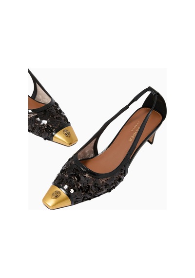 Kurt Geiger Regent 55 Low Open Court Mules, Parıltılı Siyah File Ve Antik Pirinç Babet