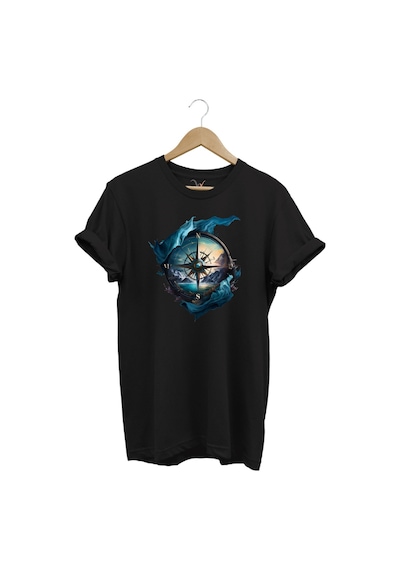 Renkli Manzara Ve Pusula Baskılı %100 Pamuk Regular Fit Siyah T-shirt Siyah
