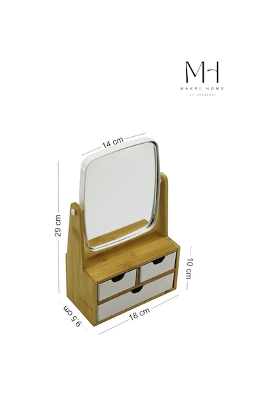 Makri Home Bambu Çekmeceli Ayna Takı Organizeri 3 Çekmeceli, 360 Dönen Ayna Ahşap