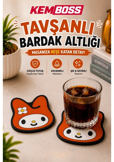 Kemboss Gri Kedili Ve Tavşanlı Silikon Bardak Altlığı Seti 4'lü Kaymaz Isıya Dayanıklı Masa Koruyucu Çok Renkli