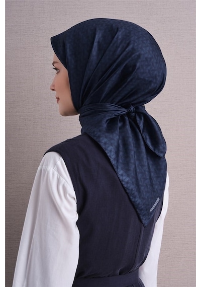 Armine Sura Saf İpek Eşarp 9622 86 Lacivert Geometrik Desen