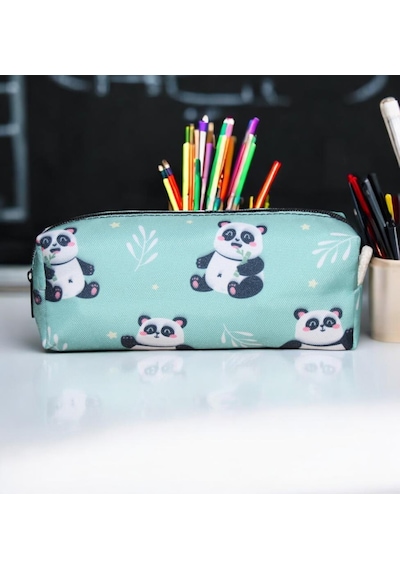 Yeşil Panda Desenli Tatlı Kalemlik - Okul Kalemliği-makyaj Çantası