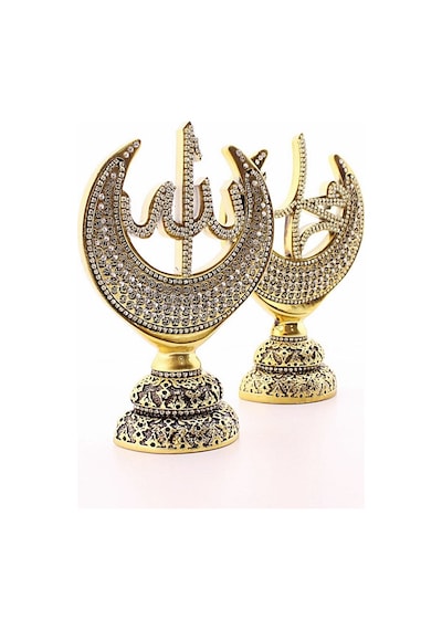 Orta Boy Biblo 20 Cm Hilal 2'li Gold Allah Muhammed Polyester Üzerine Metal Kaplama Biblo